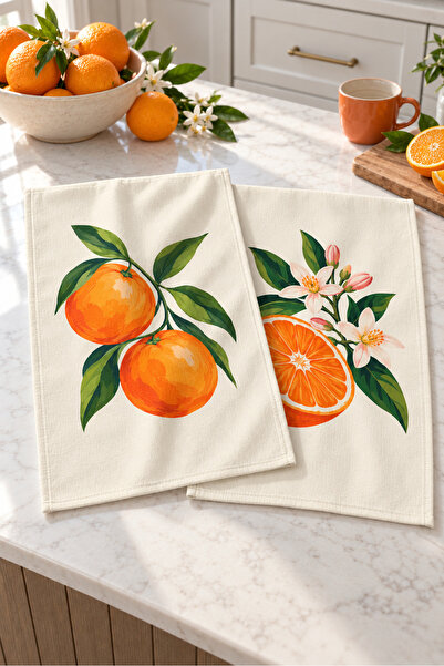 Evmila Πετσέτες κουζίνας Orange Blossom με σχέδια πορτοκαλιού και λουλουδιών,...