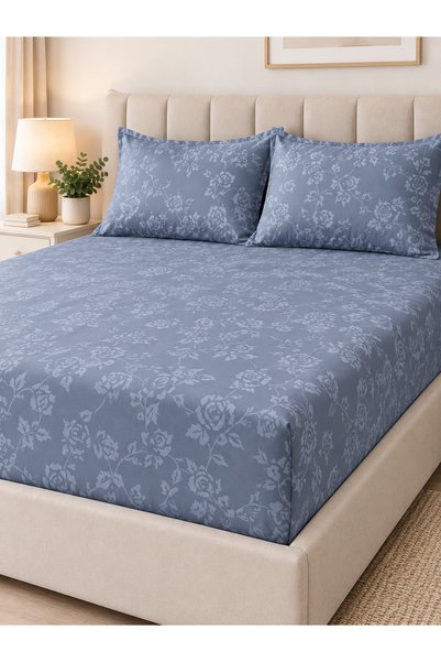 zeetwo Bedsheet Set, Teal Blue Floral Pattern, 100% Cotton, 95 GSM