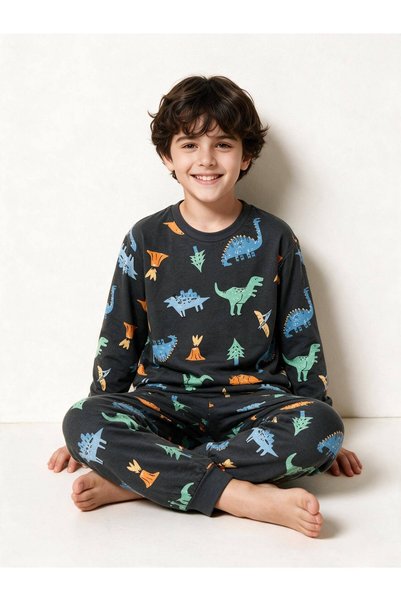 İsobel Kids Erkek Çocuk Dinazor Desenli Füme Renk Uzun Kollu Süprem Kumaş Pijma Takımı