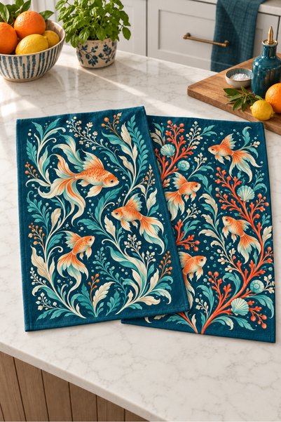 milbaygrup Aqua Koi Goldfish Patterned 2-Piece Kitchen Towel Set 35X55