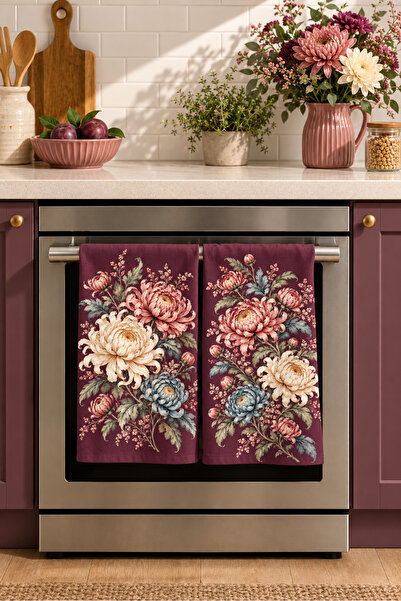 milbaygrup Burgundy Peony Patterned 2-Piece Kitchen Towel Set 35X55