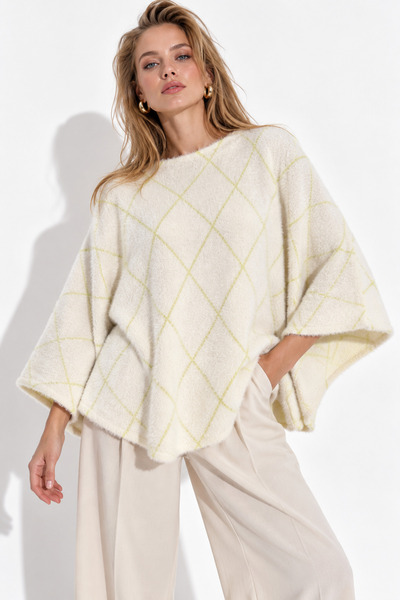 Rich Women's Beige Diamond Patterned Soft Textured Poncho