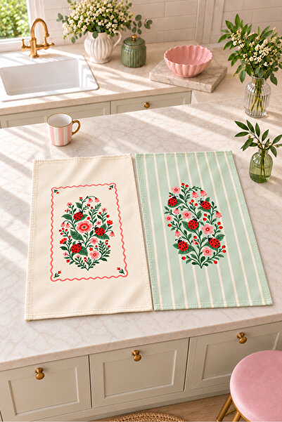 Evmila Ladybug Ladybug and Flower Patterned 2-Piece Kitchen Towel Set 35X55