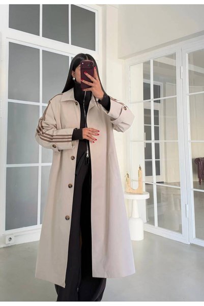 MAESTRO WOMAN معطف نسائي كبير الحجم مخطط باللون البيج مع جيوب