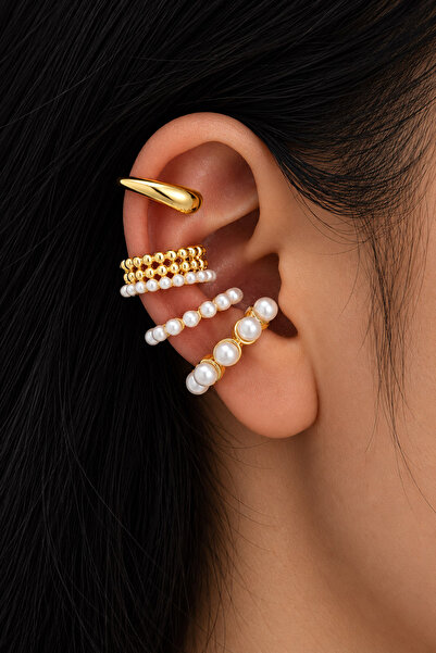 The Collection 4'lü Deliksiz İnci Taşlı Kadın Ear Cuff Kıkırdak Küpe Set