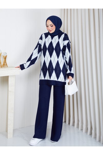 EFSUN MODA Women's Square Patterned Oversize Knitwear Set
