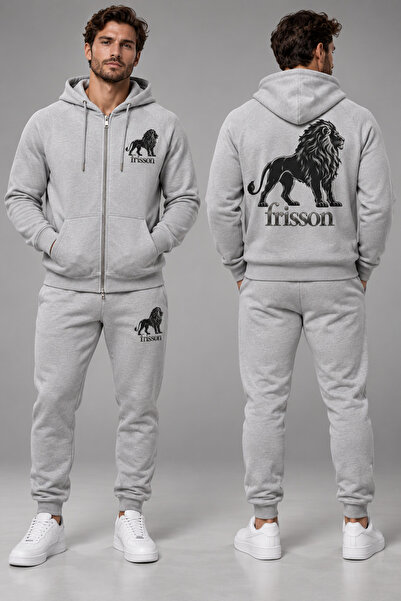 Frisson Lion Silhouette Printed Zippered Hooded Tracksuit Set