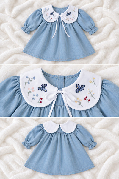 ALYRA Baby Girl Embroidered Baby Collar Blue Denim Dress Long Sleeve Special Occasion Birthday Eid Daily Stylish Dress 9-24 Months