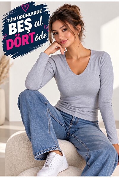 moda felinya KADIN V YAKA UZUN KOLLU GRİ RENK BODY-BLUZ