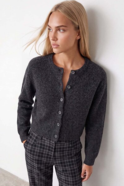 Trend Alaçatı Stili Women's anthracite crew neck buttoned wool blend knit cro...