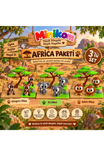 MİNİKOM`S Minikom Afrika Macerası – 3’lü Safari Aile Seti