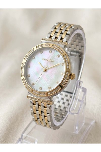 Quantum 34 mm Kadın Kol Saati Kadran Taşlı Bezel Çift Renk Çelik Kordon 5 ATM