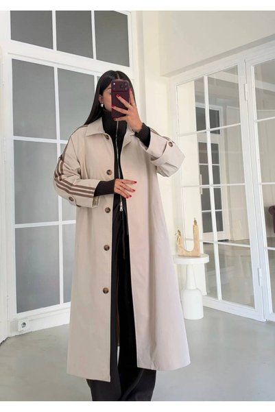 Olbia Women's Beige Striped Oversize Premium Trench Coat