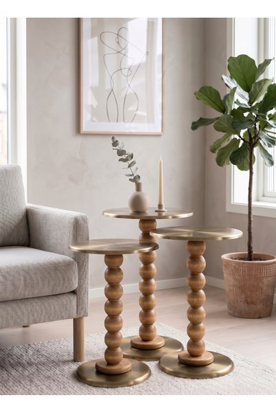 Modern 3’lü Ahşap Zigon Sehpa Takımı Eskitme Pirinç Kaplama Metal Tablalı 50-55-60 cm