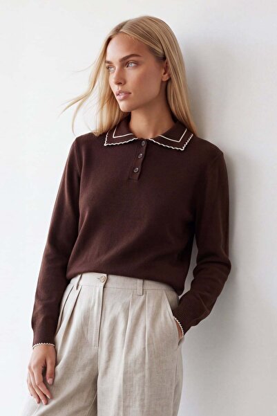 Trend Alaçatı Stili Women's Coffee Polo Collar Soft Textured Knitwear Blouse ...