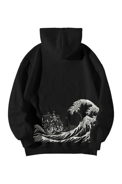 Stadium Unisex Siyah Oversize Hoodie - One Piece Strawhats Anime Baskılı 3 İp...