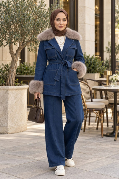 Hb Harma Time Butik Women's Fur Detailed Belted Pocketed Dark Denim Blue Tunic Trousers Two-Piece Set