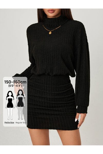 EKZMODA Women's Turtleneck Off-Shoulder Gathered Fitted High-Neck Dress