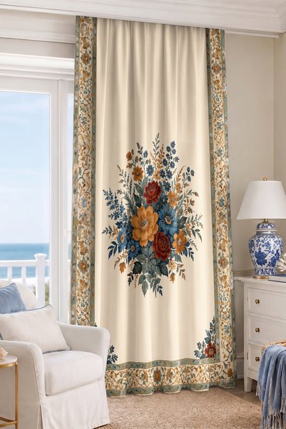 Home Vintage Çiçek Buketi ve Bordür Desenli Dijital Baskılı Tek Kanat Fon Per...