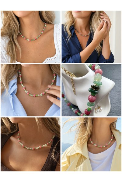 ILSA Rodokrozite and Aventurine Natural Stone Necklace - with Jade and Pearlescent Beads