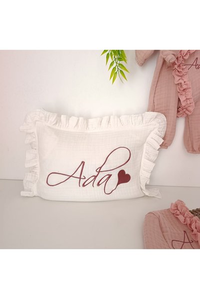 belladuri Dusty Rose Ruffled Name Embroidered Muslin Baby Girl Hospital Discharge Set and Pillow
