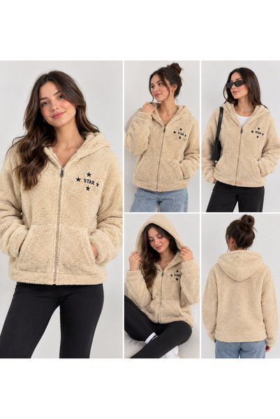 Genel Markalar Kapüşonlu Fermuarlı Teddy Polar Peluş Sweatshirt Ceket Cepli S...