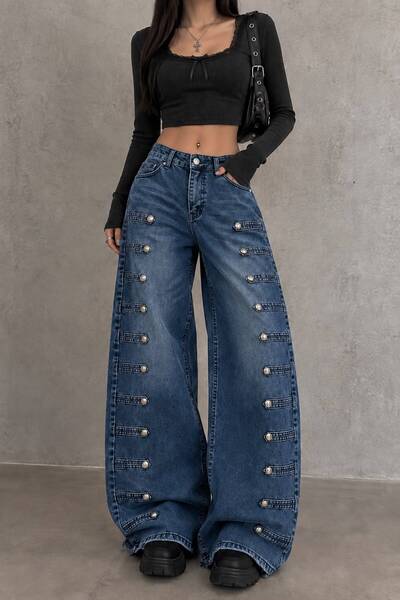 ARS Butik Vintage Style Button Detailed Y2K Baggy Jean Trousers