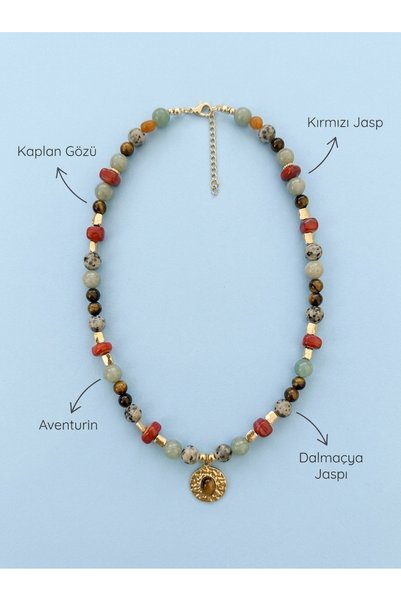 ILSA Tiger's Eye Natural Stone Necklace - Aventurine, Red Jasper, Dalmatian Jasper, with Medallion Pendant |   Talisman