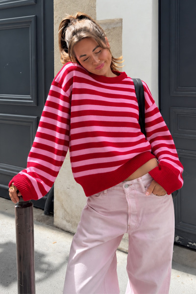 Seeh Pulover de damă oversize cu dungi roșii și guler rotund SH399