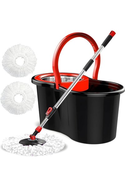 Generic 360° Easy Spin Mop And Bucket Set Home Cleaner| Extended Easy Press Stainless Steel Handle -2 pcs Microfiber Washable Mop with Dryer Basket For Home Kitchen Floor Cleaning