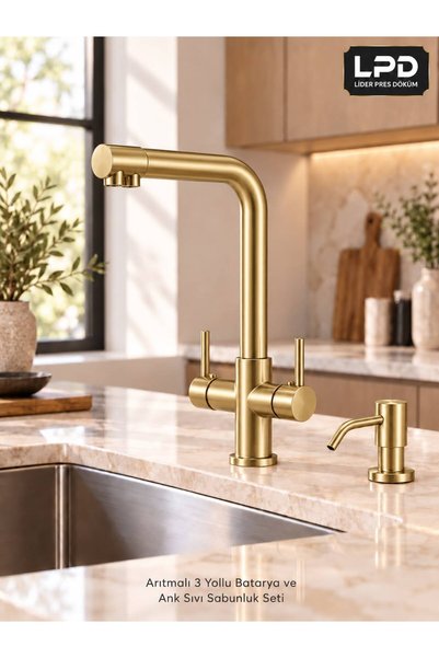 LPD LİDER ARITMALI MUTFAK BATARYASI MAT GOLD + ANK SIVI SABUNLUK SETİ 2Lİ CON...
