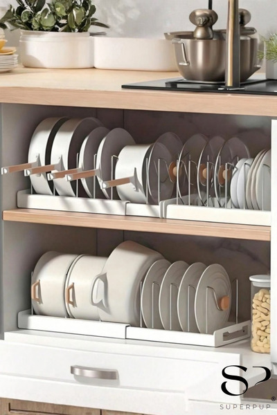 SUPERPUP Adjustable Pan Pot Lid Tray Organizer and Organizer Metal-Plastic