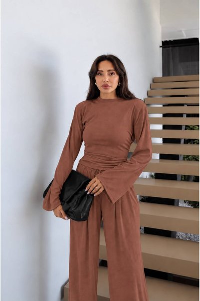 EVOA Set de bluză cu șnur în talie și pantaloni largi pentru femei