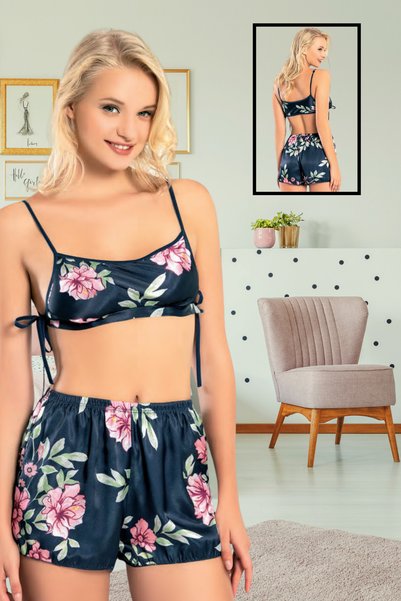 vory طقم بيجامة نسائي من الساتان مع شورت بحمالات وتفاصيل من الدانتيل VR.M30.L...