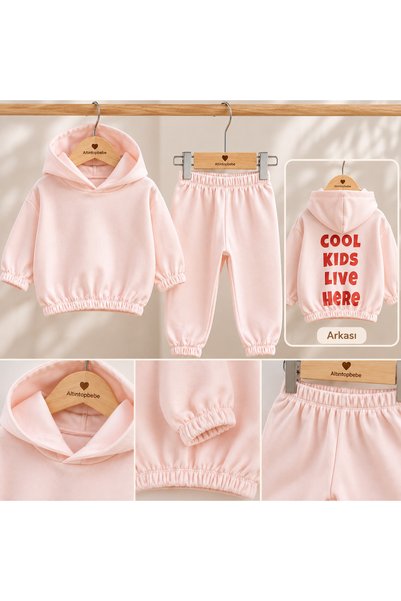 altıntop bebe Baby Girl Pink 100% Cotton Elastic Cuffed Hooded Tracksuit Set