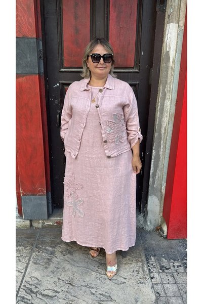 Celile Butik Kadın Büyük Beden Pamuk Keten İkili Takım Ceketli Kolsuz Elbise ...