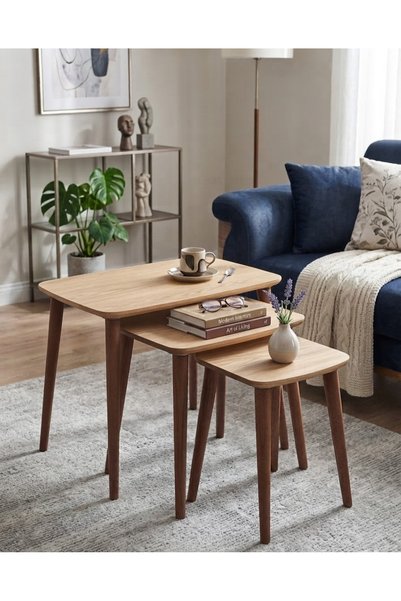 Y&H YAMAN HOME LUNA 3LÜ ZİGON SEHPA AÇIK MEŞE RENGİ MDF AHŞAP AYAKLI SEHPA