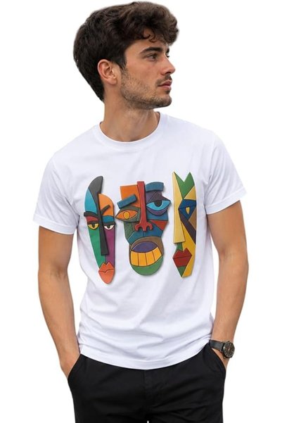 GENERAL H.F.A Men's Abstract Face Graphic Print T-Shirt, Casual Crew Neck Sho...
