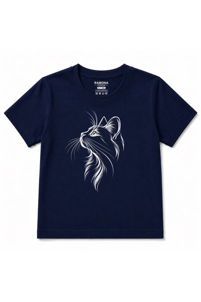 Rabona Fashion Silver Gaze Cat Line Art Graphic Kids T-Shirt