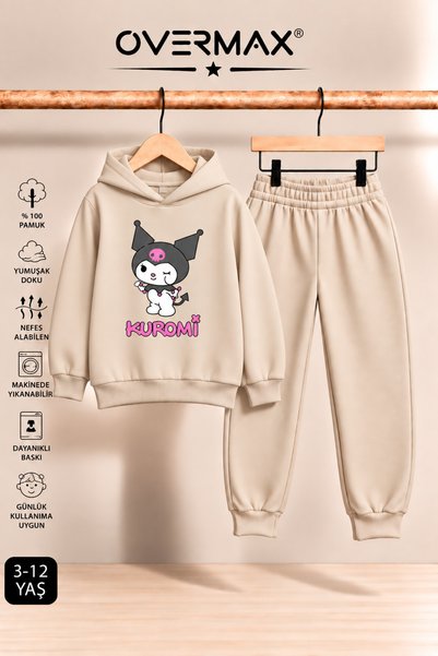 OVERMAX Kuromi Baskılı Kız Çocuk Kapüşonlu Sweatshirt & Eşofman Takımı- 3-12 Yaş