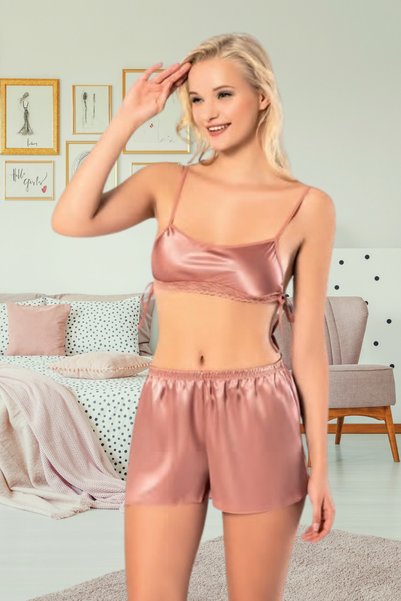 vory Women's Strappy Satin Lace Detailed Shorts Pajama Set Vr.M30.L69.Y01
