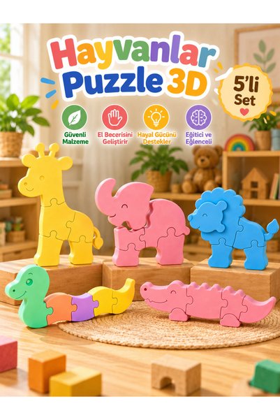 Yeşil Beyaz Tasarım 5’li Hayvanlar 3D Puzzle Seti – Çocuklar İçin Eğitici Yap...