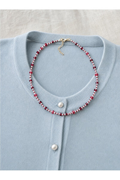 ILSA Sand Bead Necklace - Red and White Glass Beads, Thin Minimalist