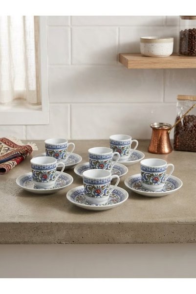 Generic Brand ACAR Turkish Coffee and Espresso Cup and Saucer Set, Traditional Ottoman Design, Porcelain, Made in Türkiye, Set of 6