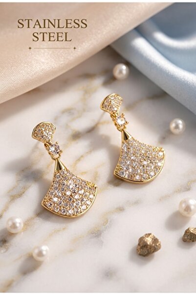 stainless steell Brass Gold Color Zircon Stone Motif Model Earrings