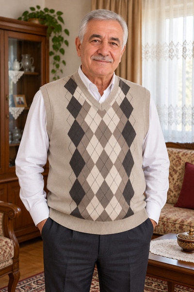 Beyome Muški džemper V-izreza sa dijamantnim uzorkom, klasičnog kroja, pleten...