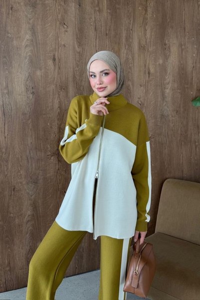 Şule Giyim Bero Garnili Zippered Suit in Oil Green