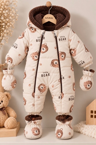 DeKuBaby Yeni Sezon Little Bear Ayı Kafalar Desenli Takıp Çıkarılabilir Patikli Kürklü Bebek Kozmonot-Astronot Tulum Mont