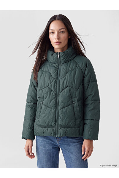 LC Waikiki Alita City Green Stand Collar Women's Puffer Coat with a Difference