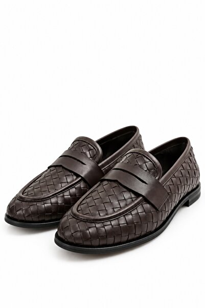 5in1Canpolat Brown Leather Knitted Loafer 43702